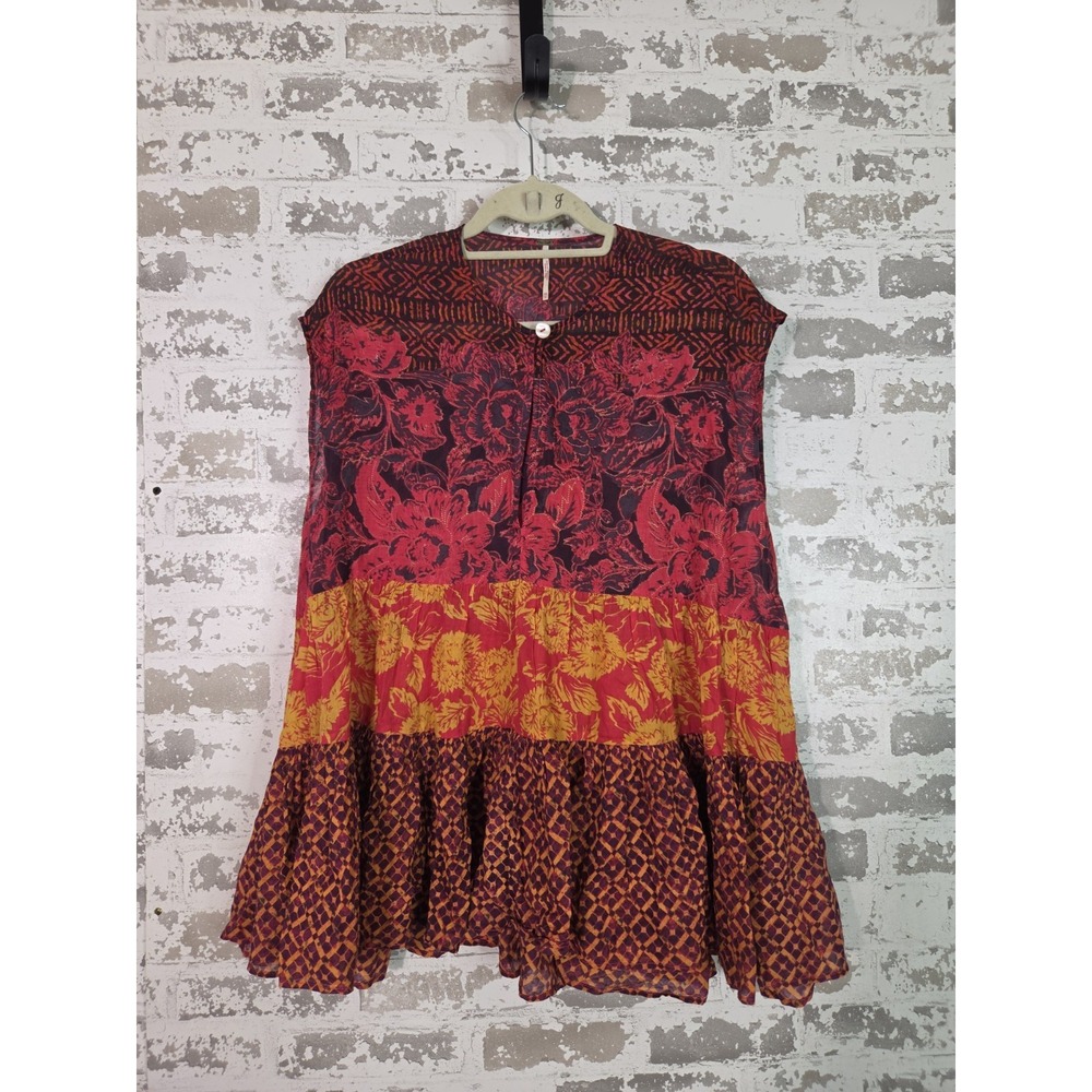 Boho Patchwork Tiered Floral Babydoll Top XS Colorful‎ Mixed Media Oversized